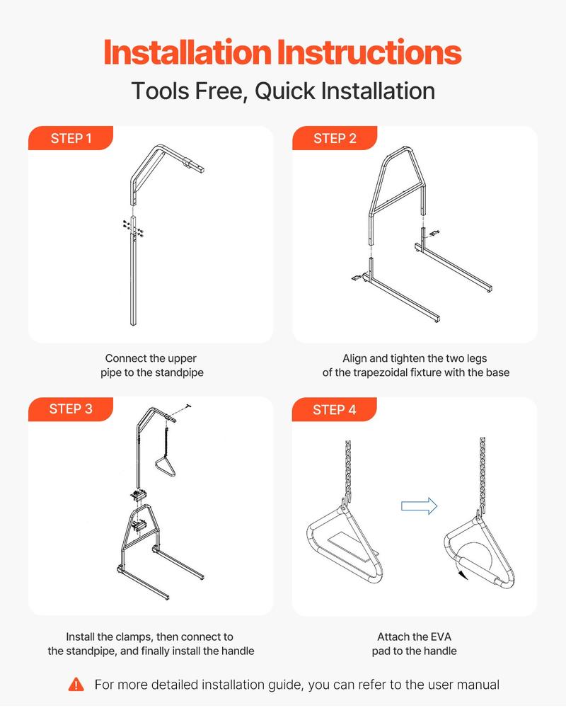 VEVOR Trapeze Bar for Bed Mobility, Bed Trapeze with Clamps and Floor Stand, 250LBS Weight Capacity Bed Pull Up Assist for Elderly, Patients & Disabled, Suitable for Home Care, Hospital, Nursing Home