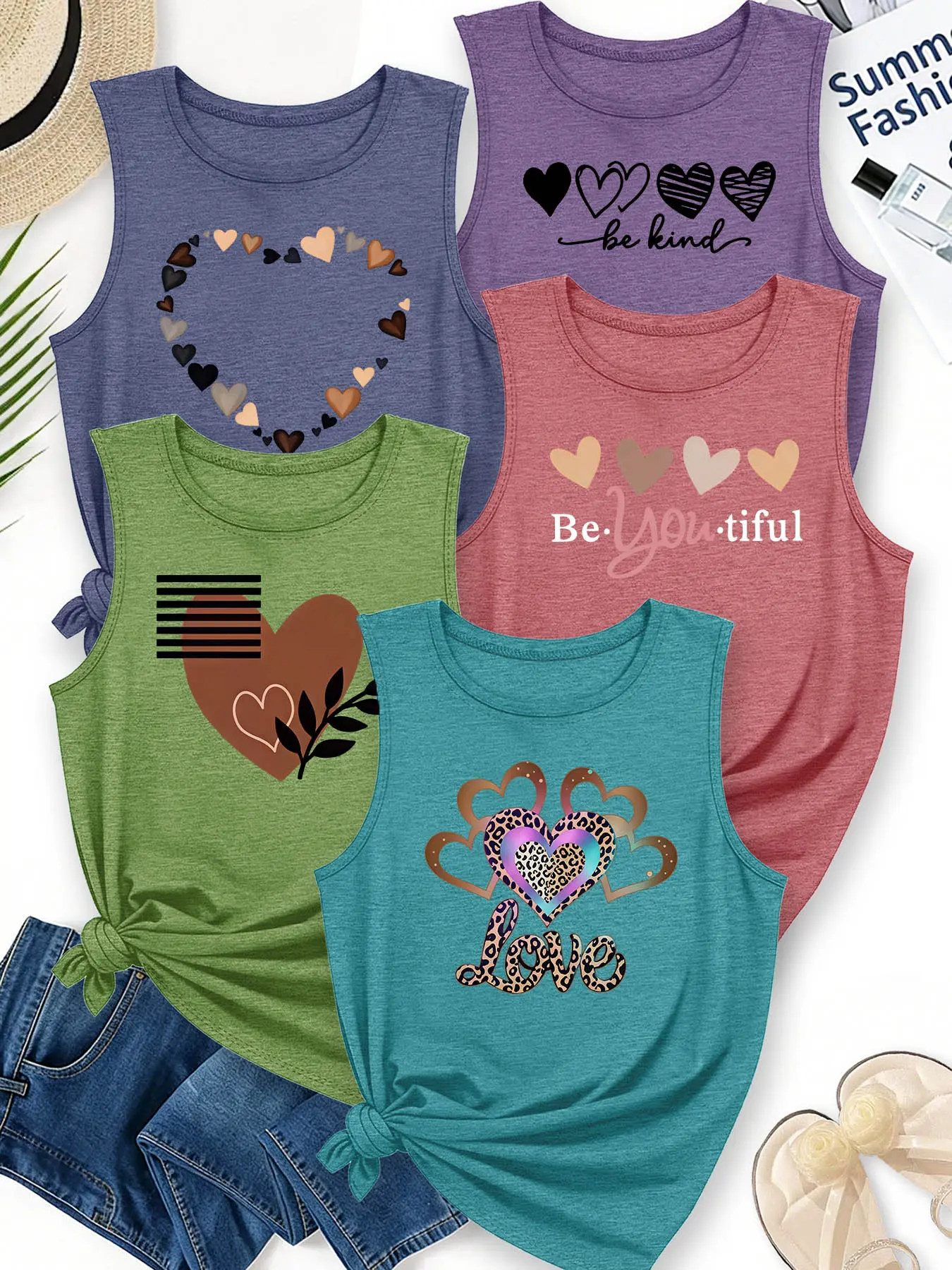 5Pcs Women Sleeveless Crew Neck Tank Tops, Gradient Leopard Heart Positive Slogan Print, Multi-color Washable Spring Summer Top, Soft Skin-friendly Fabric Daily Versatile Fashion Design, Graphic Tank Top