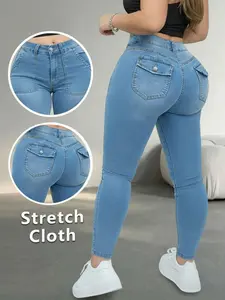 Elastic Stretchy Fitted High-Waist Women's Jeans, Pocket Design Light Wash Skinny Conceal Fat Slim Fit Denim Jeans, Daily Versatile Pear Shape Friendly