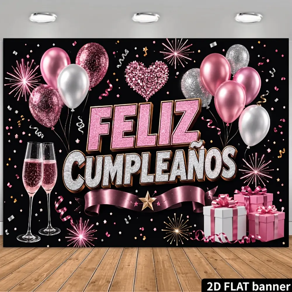 2D Flat Banner HD digitally printed polyester photography backdrop, pink and black Feliz Cumpleaños birthday theme background cloth, soft lightweight foldable machine washable, for birthday parties, portrait photos, product photog