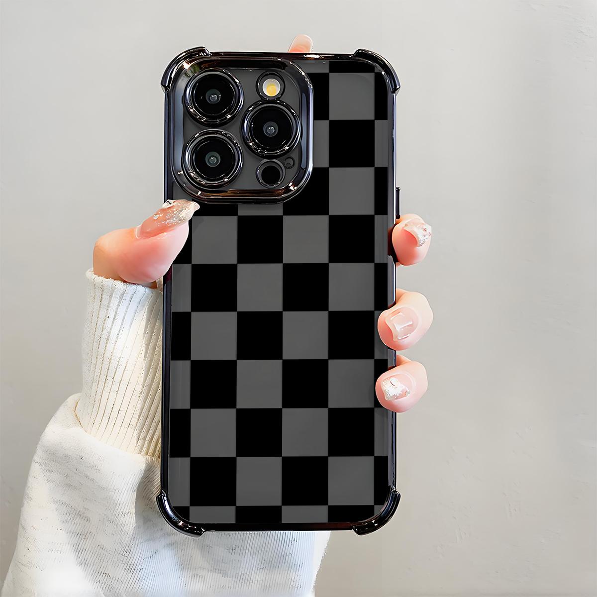 Black Checkered Pattern Phone Case , Electroplated Cover with Airbag Shockproof Slim Soft TPU Cover for iPhone X XS 11 12 13 14 15 16 17 Pro Max Plus Air Stylish