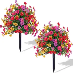 2 Bundles Artificial Violet Rose Bushes, Outdoor UV Resistant Waterproof Flowers, Garden Porch Patio Decor, Low Maintenance No Watering Needed, Home Decoration