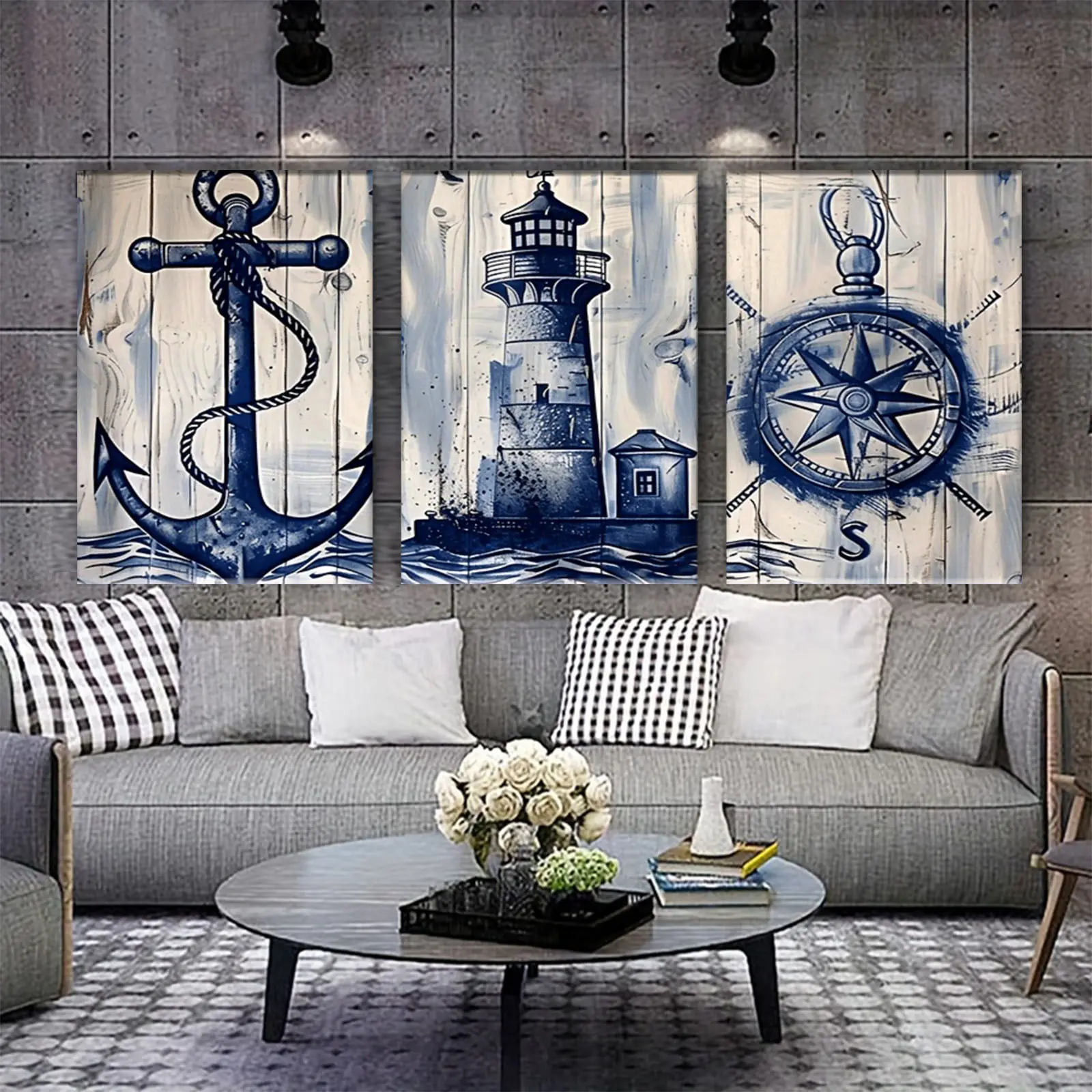 Vintage Nautical 3-Piece Framed Canvas Wall Decoration - Waterproof, Glossy, Minimalist Rectangular Canvas with Lighthouse, Anchor, Compass Patterns, Suitable for Bedroom, Kitchen, Living Room, Water Proof, Nautical Print