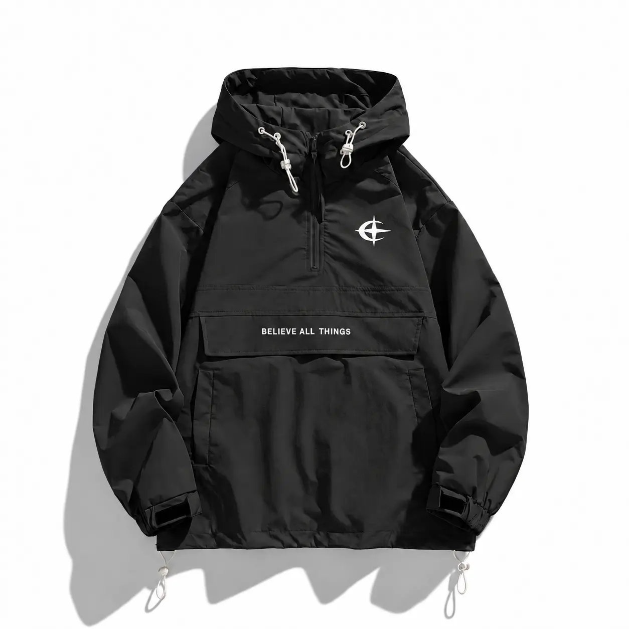 Men's Casual Half Zip Hooded Windbreaker Jacket Decorative Flap Anorak Pullover Coat Spring Fall Daily Apparel Clothes Wears Outfits Style cozy soft cool clean chic Black Orange Green Red White