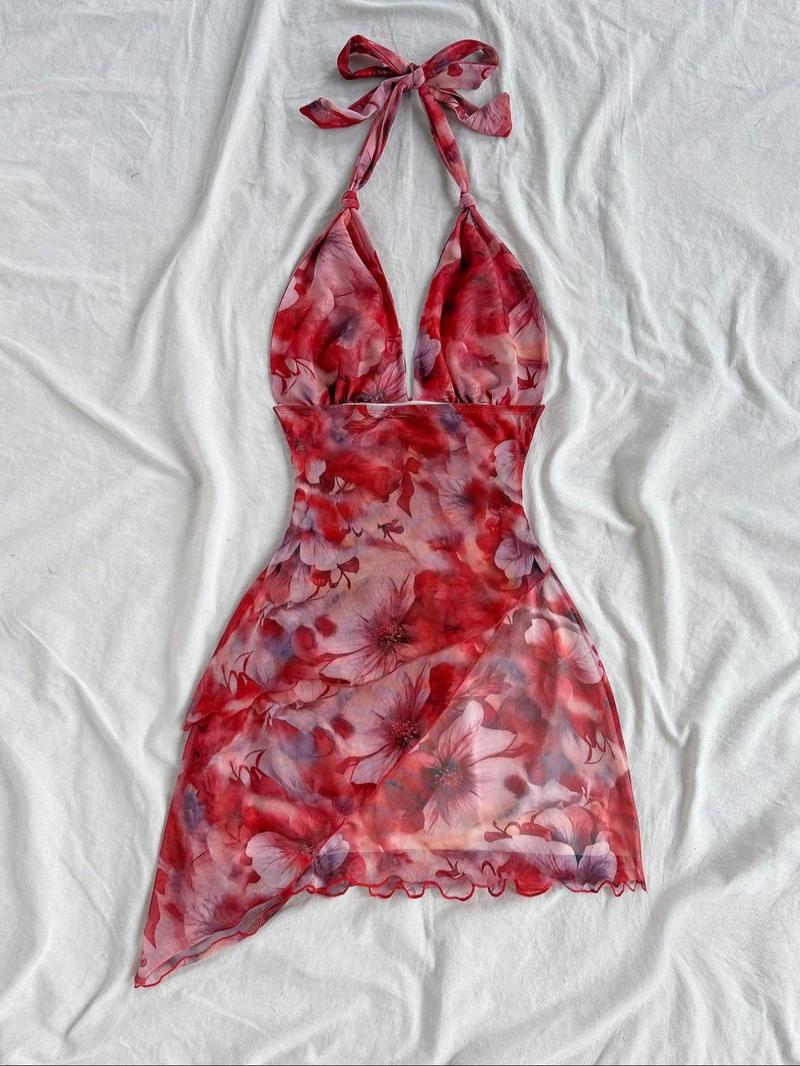 Women's Colorblock Print Tie Back Fashion Draped Dress, Chic Casual Sleeveless Dress for Summer, Ladies Clothes for Beach Holiday Vacation