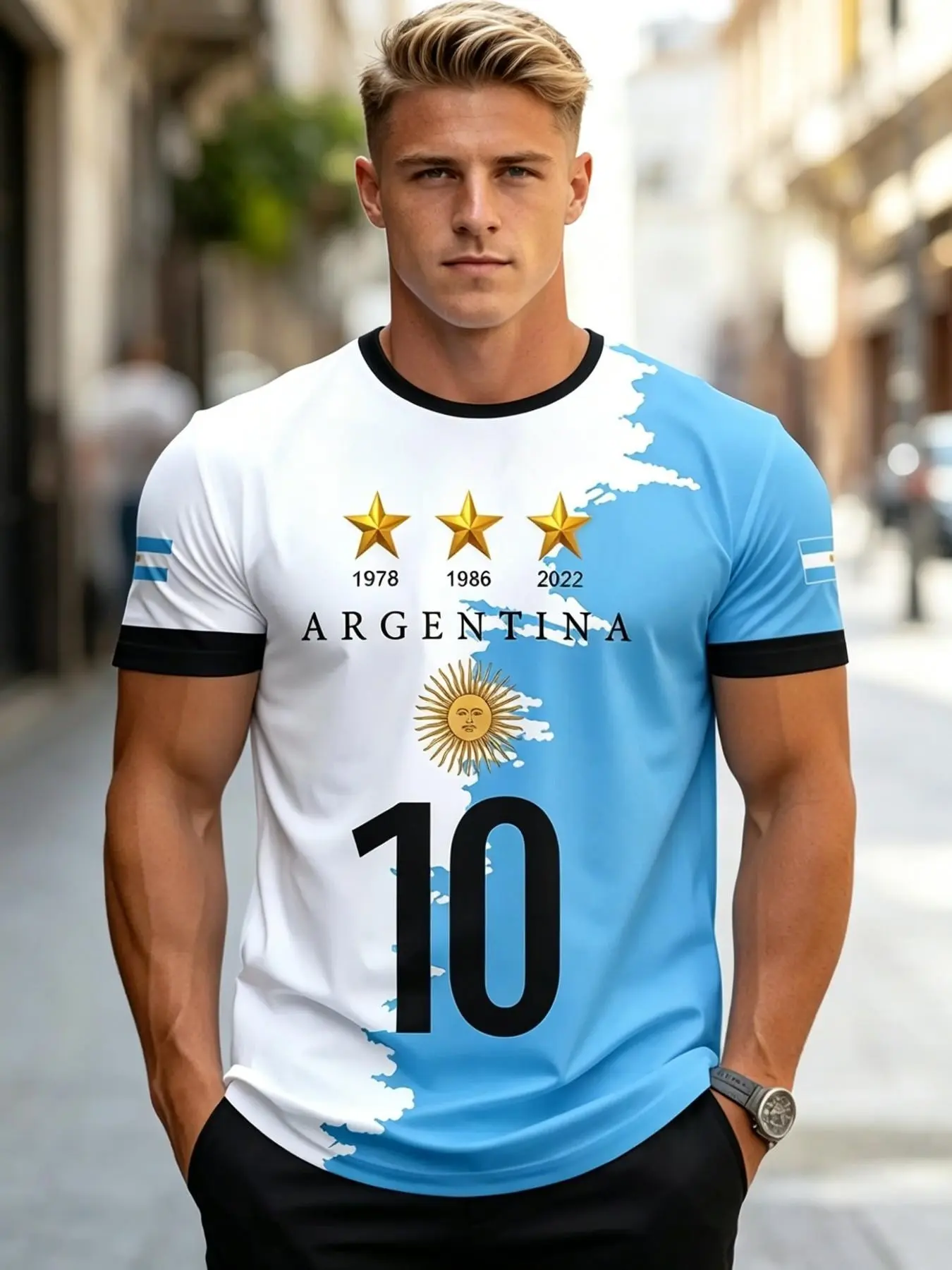 Argentine Style Men's T-Shirt, Argentina Football Team Soccer Jersey, Short Sleeve Sports Tee, Casual Sporty Top for Outdoor Activities, All-Season Wear