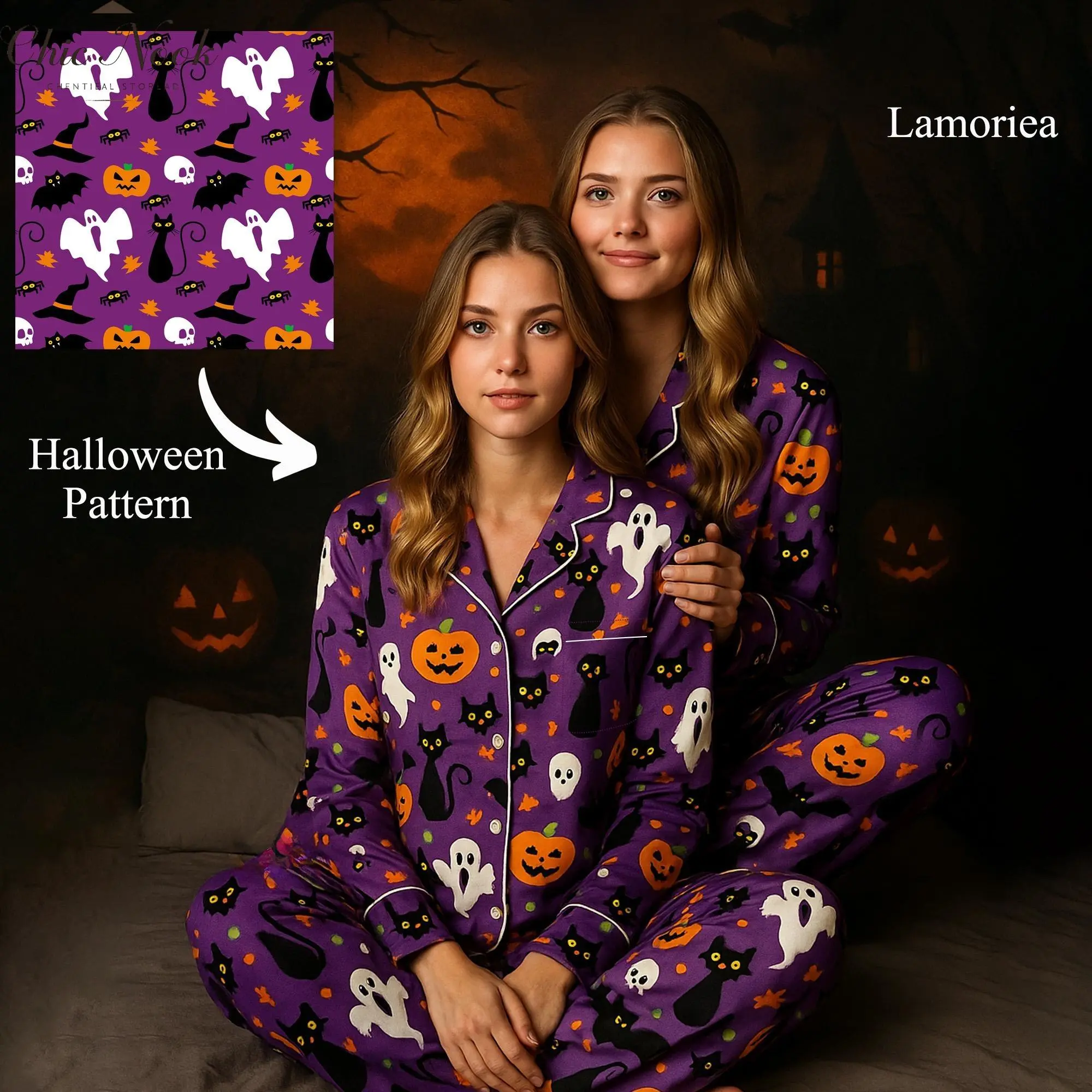 Women 2 Piece Halloween Pajama Set, Pumpkin Ghost Long Sleeve Button-up Tops + Elastic Waist Pants