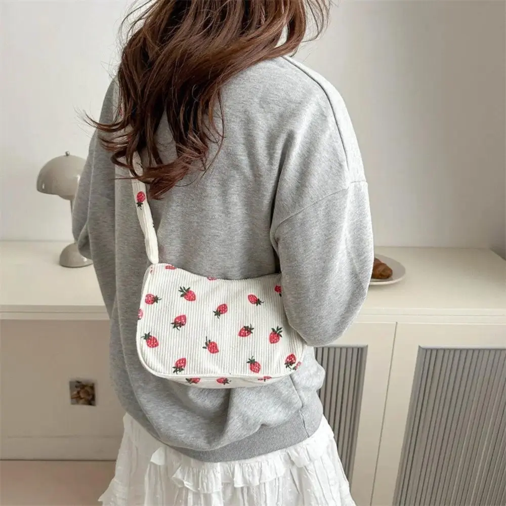 Women's Corduroy Strawberry Print Hobo Bag - Cute Mini Ruched Shoulder Everyday Purse with Drawstring Strap, Aesthetic Underarm Handbag for Daily Use, Casual, Business Casual Outfits