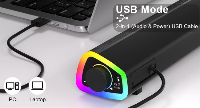R30 Plus Bluetooth Computer Speakers for PC Desktop, All-in-one Control Button with 6 Modes LED Lights, Wired USB Powered Sound Bar, Surround Sound Portable SoundBar for Monitor Laptop Phone