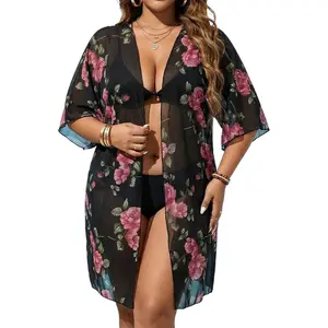 Plus Size Floral Print Kimono Cover Up, Casual Batwing Sleeve Beachwear, Lightweight Cooling Polyester Top for Summer Vacation