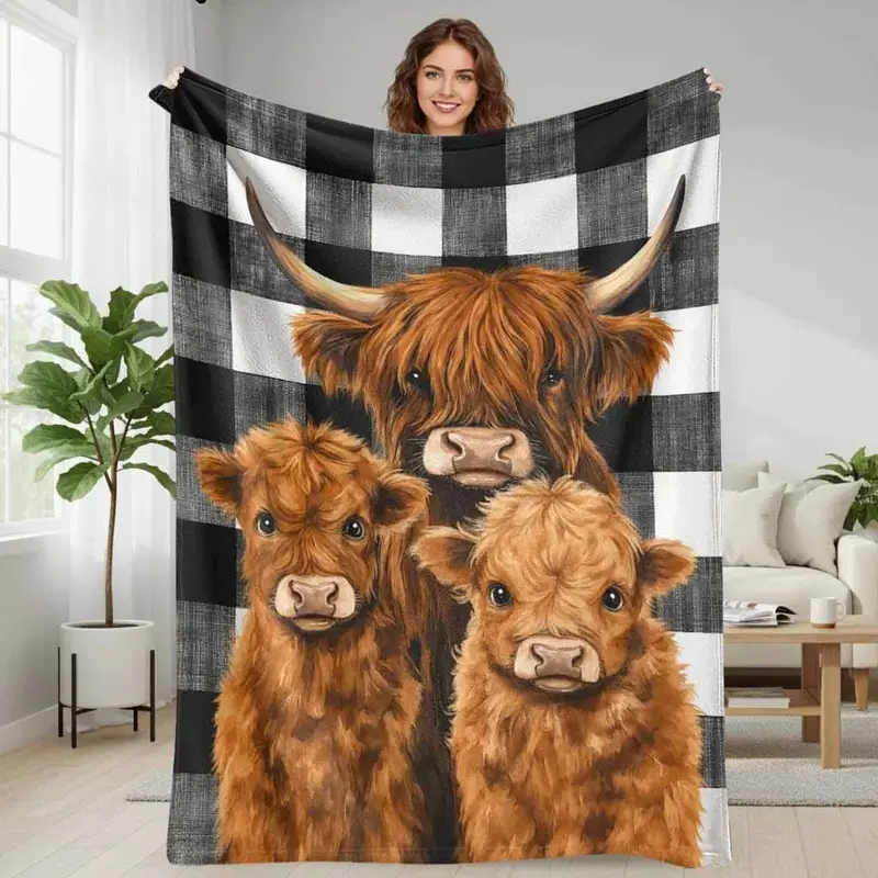 Highland Cow Motif Flannel Camping Blanket - Buffalo Plaid Print, Anti-Pilling Fabric, Soft Warm Lightweight, Multi-Size Throw, Country Rustic Durable, Home & Travel Indoor/Outdoor Farmhouse Decor, Fall Winter Gift
