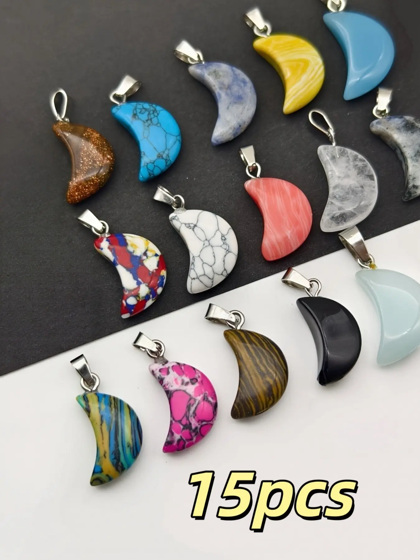 15 Natural Stone Crescent Moon Pendants, DIY Beading Accessories, Boho Style Colorful Moon Charms, Halloween Jewelry Making, Unisex Decorations