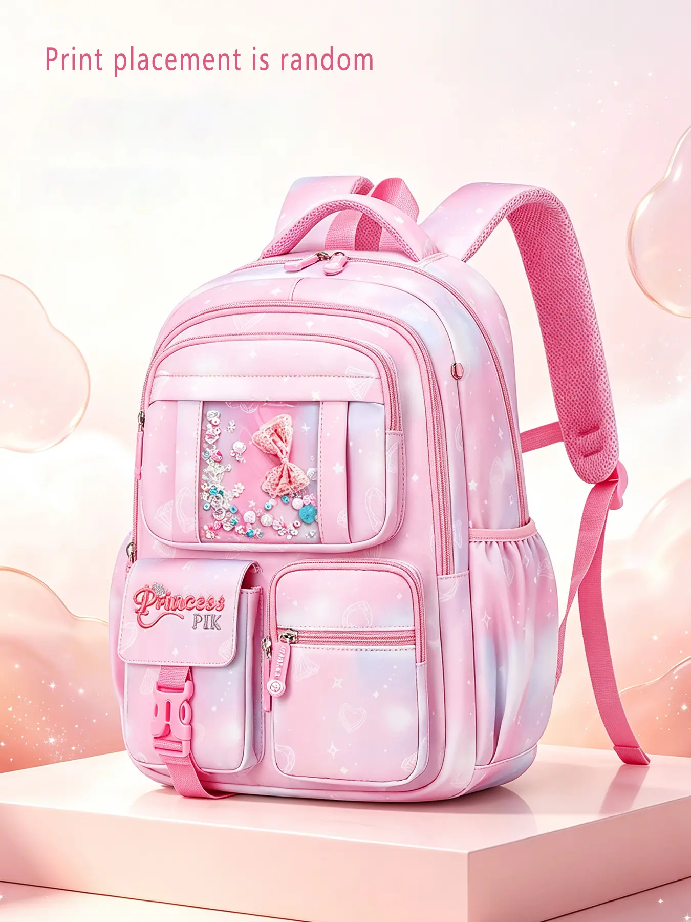 1Pc Pink Gradient Star Diamond Print Backpack Sequin Bow Pocket Mesh Padded Shoulder Straps Multi-layer Zip Compartments Side Mesh Bottle Slots for Campus Study Weekend Trips Daily Casual Outings
