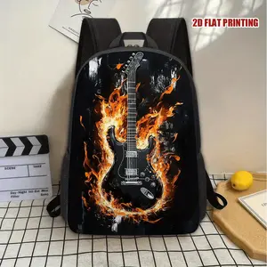 1 Men's Rock Style Flame Guitar Pattern Backpack - Durable Polyester Lightweight Everyday Backpack with Adjustable and Detachable Shoulder Straps, Suitable for Teenagers, Students, Travel and Daily Use, City Commuting, Stylish and Trendy, Sturdy Construct