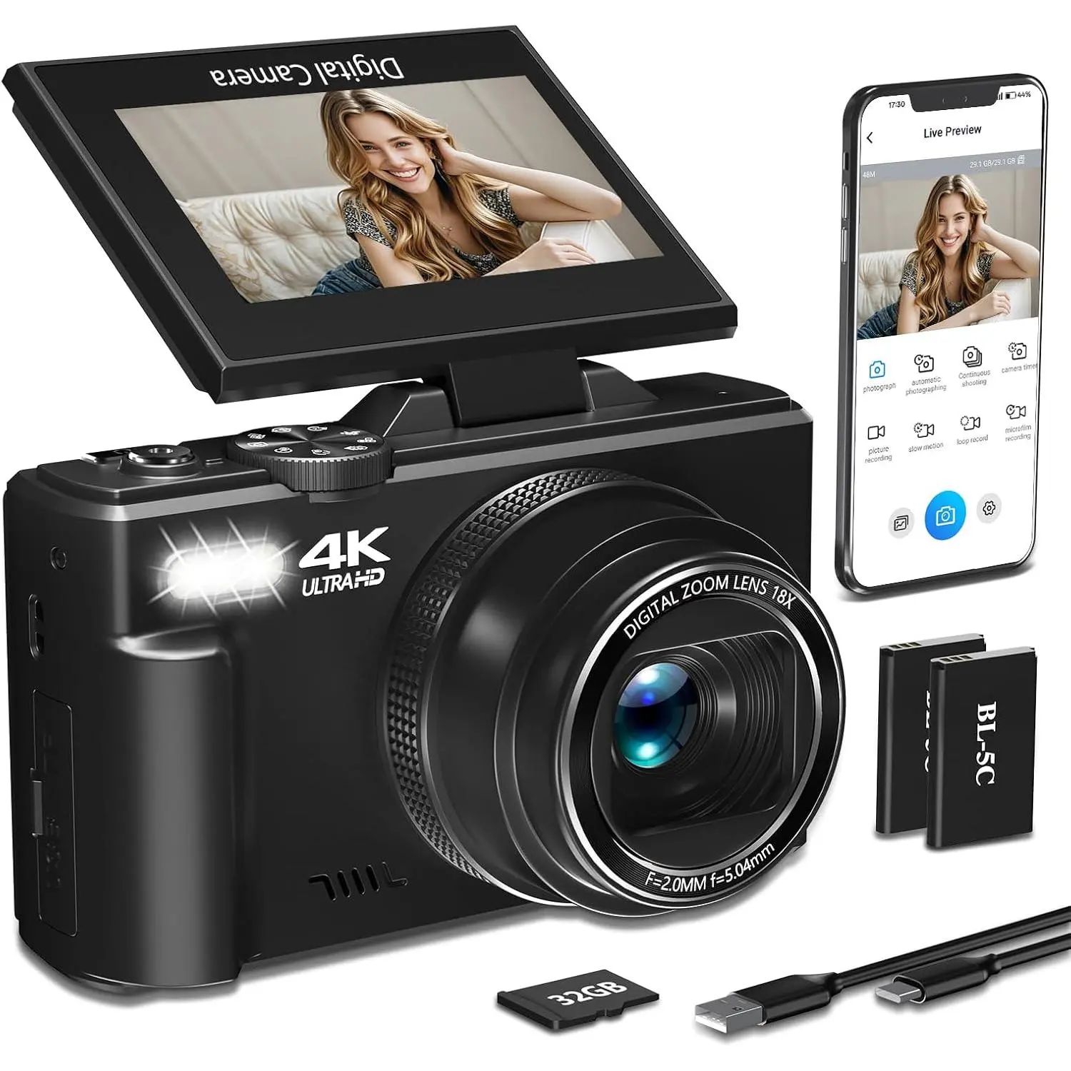 4K Digital Camera for Photography,64MP Vlogging Camera for YouTube(Black) | 3" 180°Flip Screen, 18X Digital Zoom,WIFI,Autofocus Compact Camera with Flash,32GB TF Card & 2