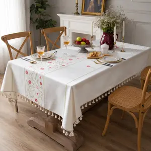 Rectangular Tablecloth with Embroidery Floral Pattern, Wrinkle Resistant Farmhouse Style, 55x120 Inch, Ideal for Parties and Holidays