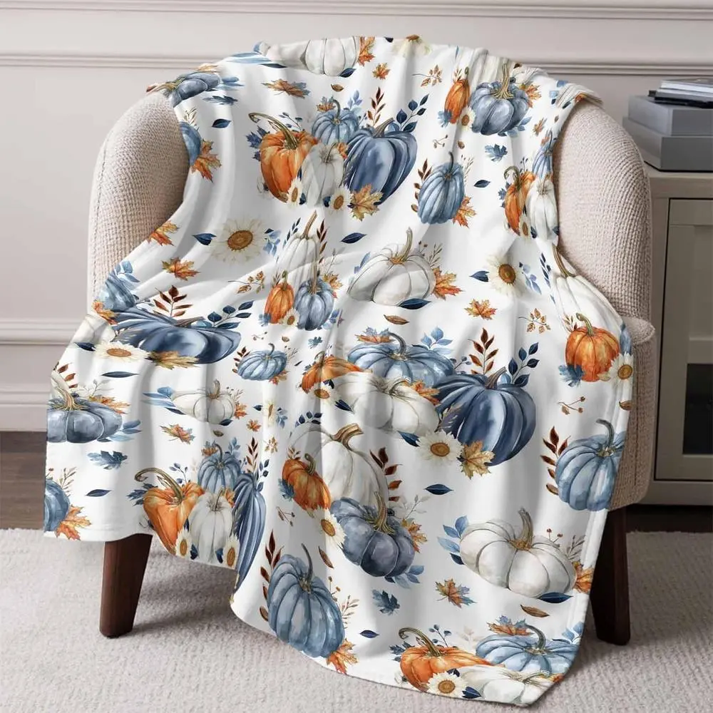 Multi-Size Pumpkin Print Fall Blue Flannel Blanket - Thanksgiving Autumn Daisy Pastoral, Soft Cozy Warm, Lightweight Couch Throw Blanket for Bedroom Sofa Living Room Home Decor All Season