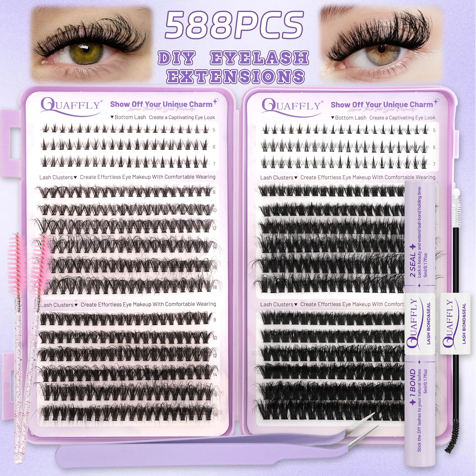 QUAFFLY Lash Extension Kit 588Pcs Lashes Extensions with Bottom Lash Volume Eyelash Extension Kit With Lash Bond and Seal  Tweezers Mascara Brushes*2 Lash Essentials Set