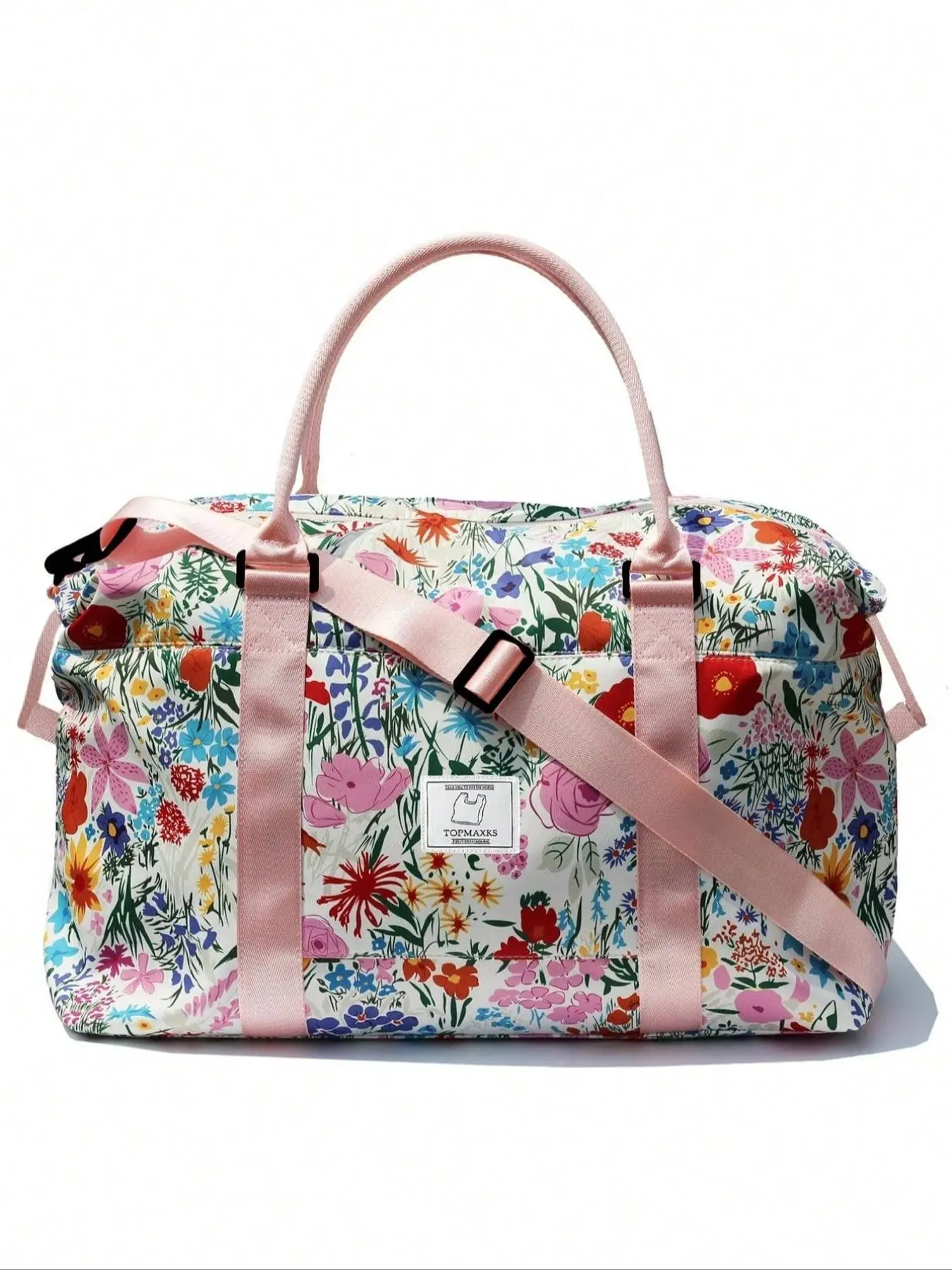 Colorful Floral Print Travel Duffle Bag with Detachable Pink Shoulder Strap & Top Handles, Large Capacity Lightweight Overnight Weekender Bag, Multifunctional Water Resistant Carry On Luggage for Women, Perfect for Gym, Weekend Trips, Camping and Short