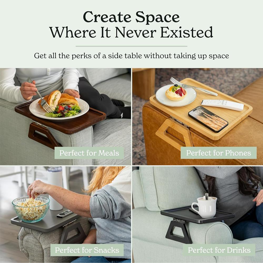 Bamboo Couch Arm Table, 1 Count Clip-on Sofa Arm Tray, Armchair Table with for TV Dinners Remotes Drinks Snacks, Rustic Sofa Table