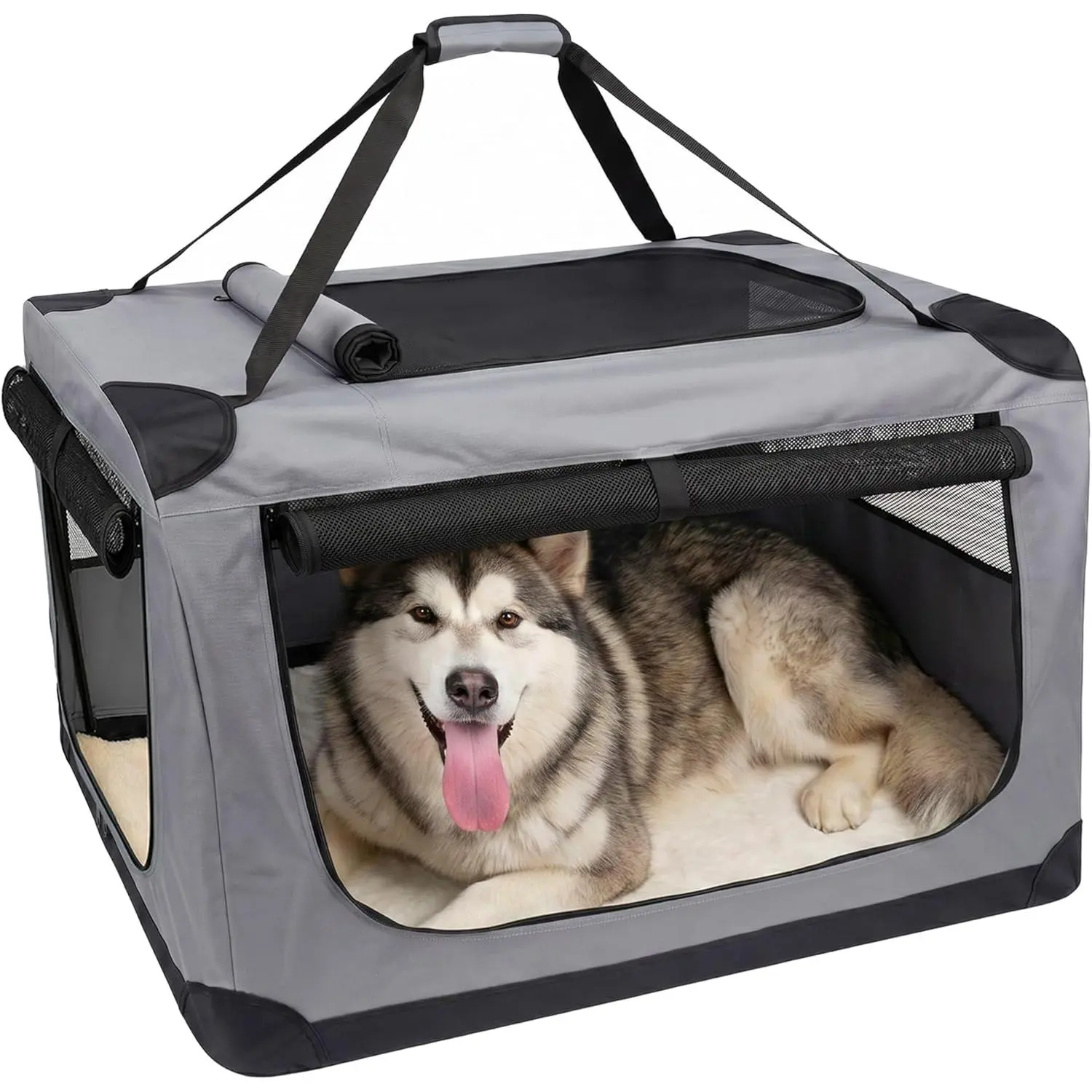Collapsible Dog Crate for Medium Large Dogs, 3-Door Foldable Soft Kennel with Fleece Bed, Storage Pocket & Safety Zippers for Indoor & Outdoor Use