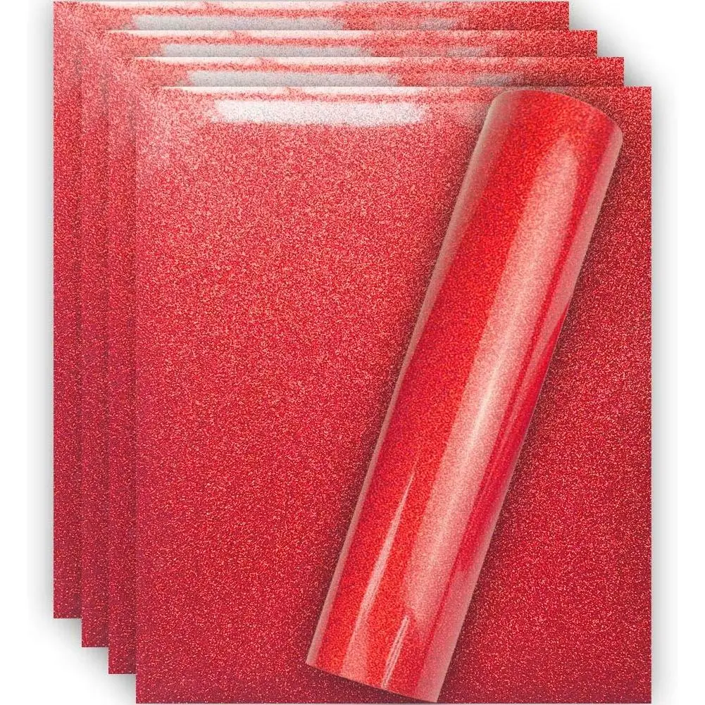 Red Glitter HTV Heat Transfer Vinyl for T-Shirt 12" X 10"(Pack of 5), Easy to Weed and Iron , Guaranteed Size