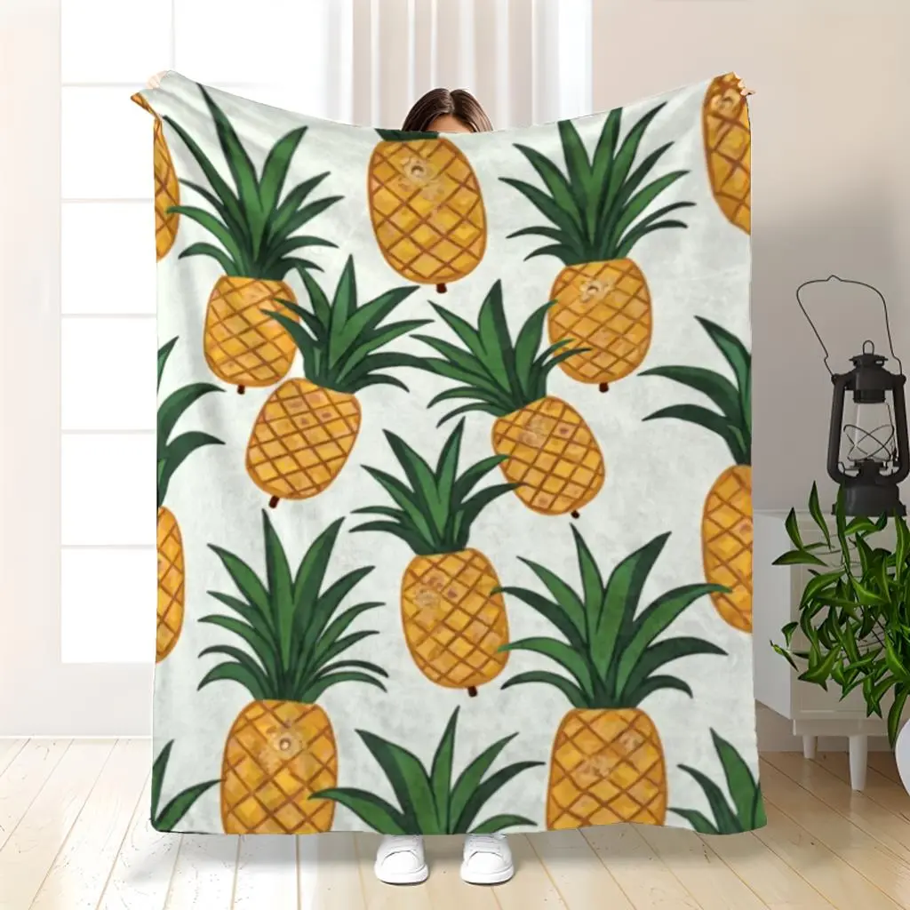 Cozy Pineapple Print Flannel Blanket |   All-Season Soft Warm Throw For Couch, Bed, Or Reading - Contemporary Tropical Design With Green Leaves & Yellow Pineapples In White - Durable Easy-Care Polyester Bedding Accessory
