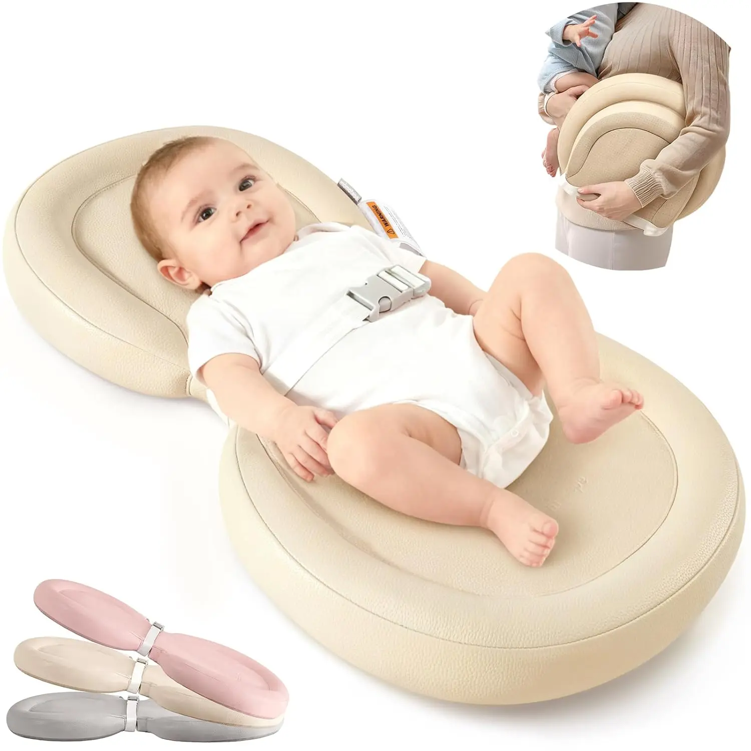 Unisex 24x16in Beige Contoured PU Leather Baby Changing Pad - BPA-Free, Waterproof Wipe-Clean, Non-Slip, Foldable Portable, Adjustable Safety Belt, Contoured Walls, Dresser Compatible, Stain & Odor Resistant, for 0-3 Months Infants