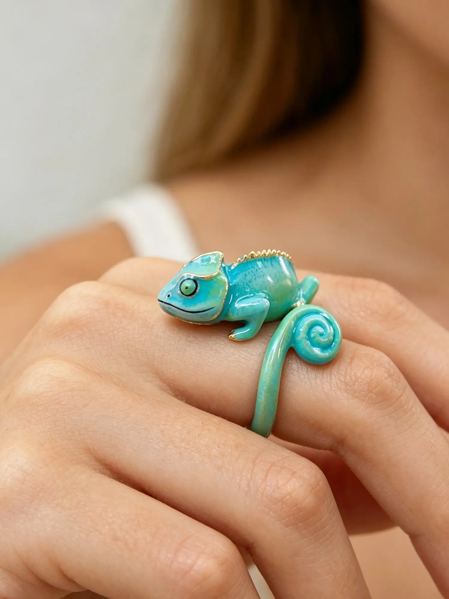Unique Blue Chameleon Ring, Unisex Boho Style, Adjustable Animal Fashion Ring, Party Jewelry, Creative Birthday Gift, All Seasons
