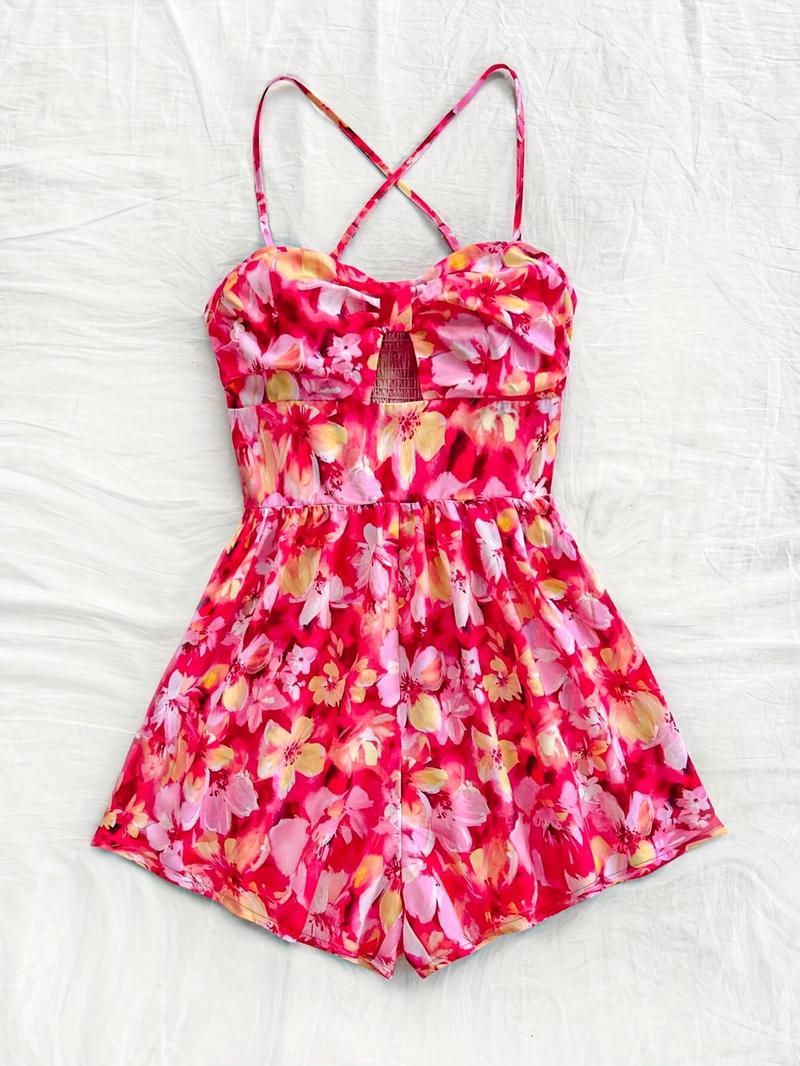 Women's Floral Print Cut Out   Romper, Casual Sleeveless Romper for Summer, Fashion Women's Clothes for Beach Holiday Vacation