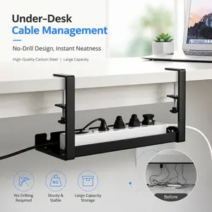 No-Drill Under-Desk Cable Management Tray - Carbon Steel Cord Organizer, Large Capacity Wire Holder for Neat Office & Home Desk Setup