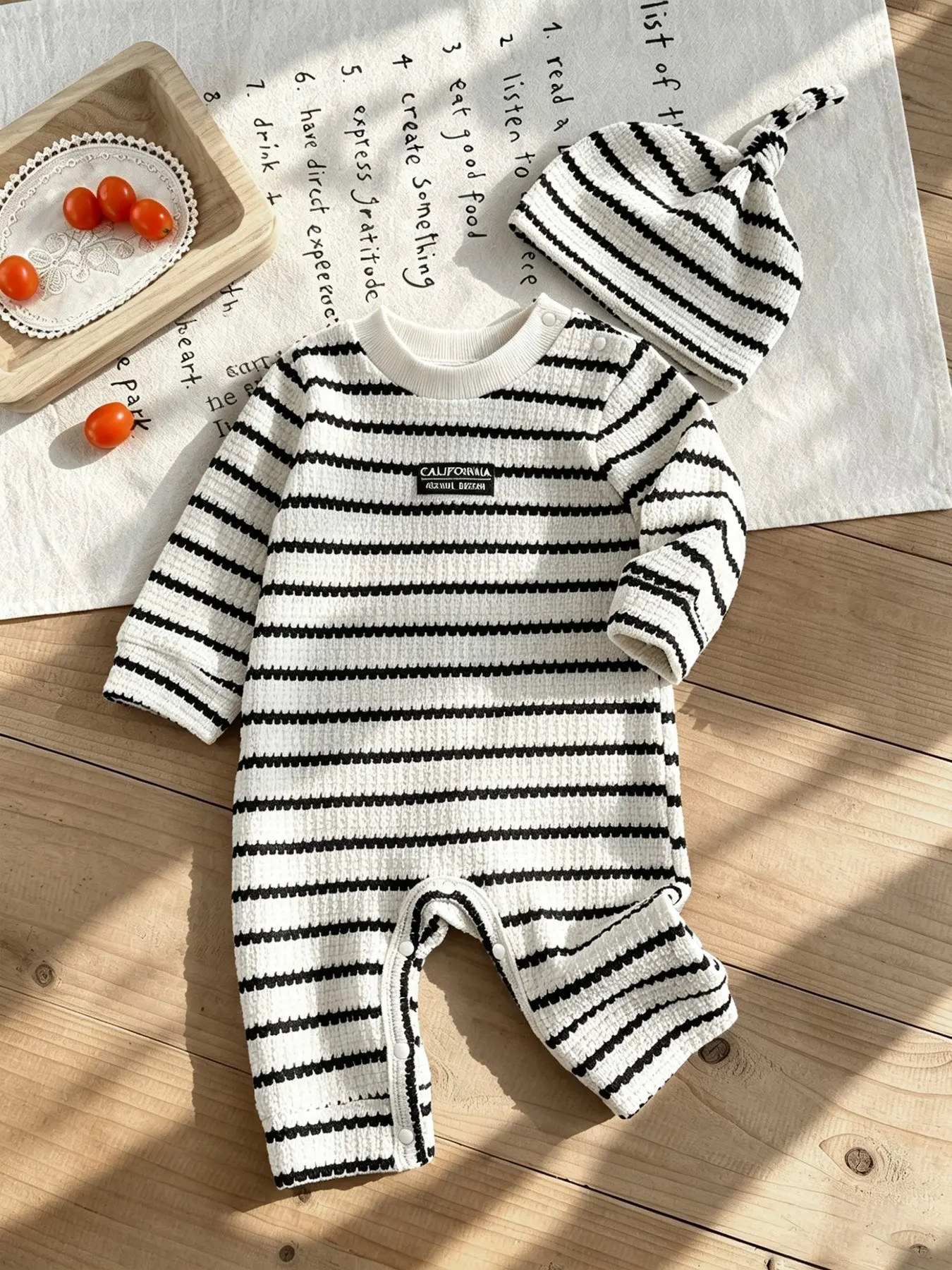 and Striped Baby Onesie, Long Sleeve for Newborns, Soft Romper with Hat Set, Two-Piece Infant Clothing