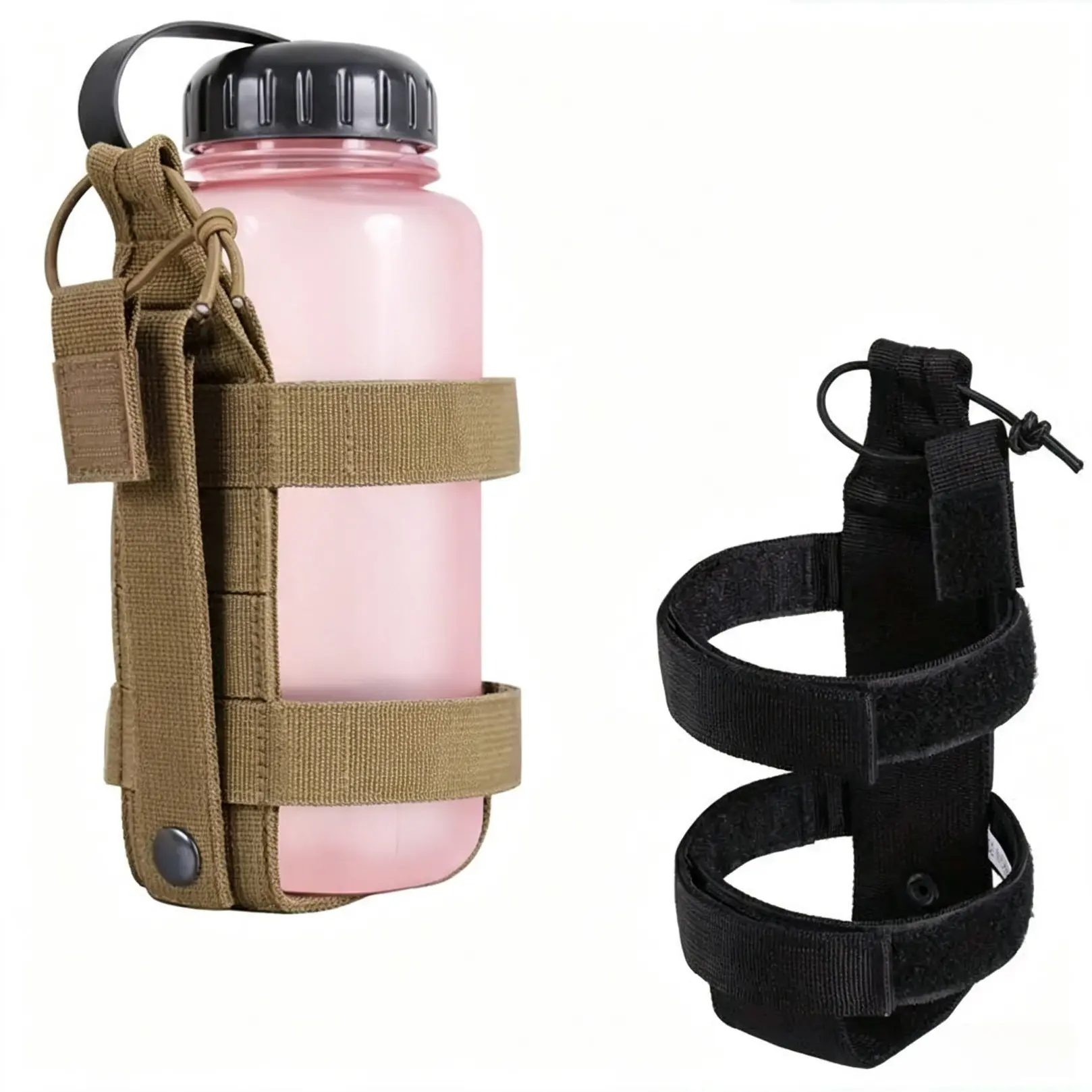 Adjustable MOLLE Water Bottle Holder, Portable Nylon Hydration Pouch, Secure Drawstring Carrier Accessory for Hiking Camping Cycling Travel Outdoor Sports, Universal Fit for Most Standard Drink Bottles (Bottle Not Included)