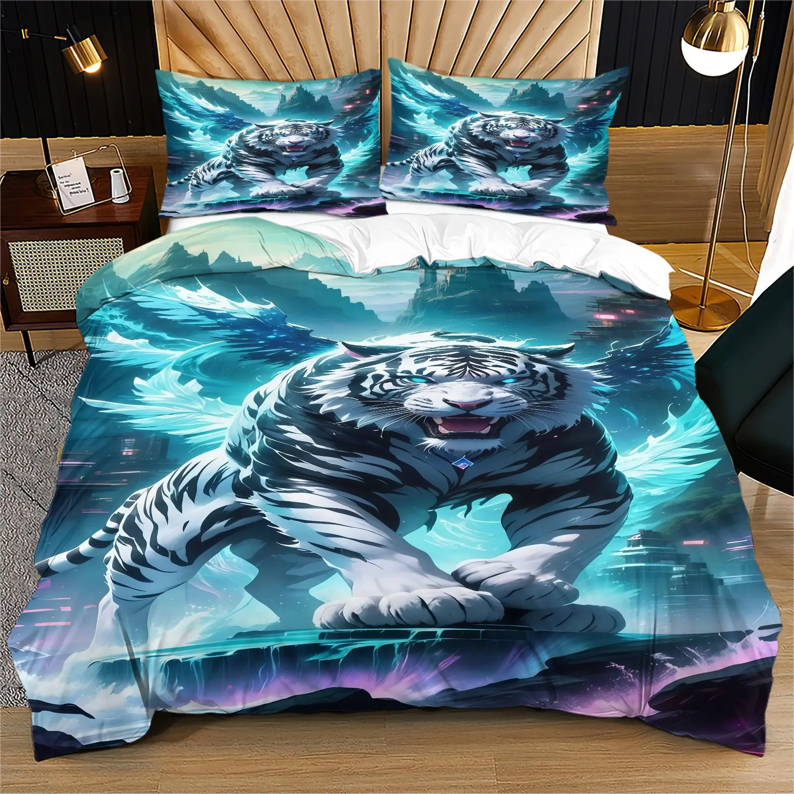 Tiger print pattern set, including 1 duvet cover and 1 or 2 pillowcases, without a core or pillow, suitable for bedroom or dormitory bedding set, suitable for gift giving or personal use