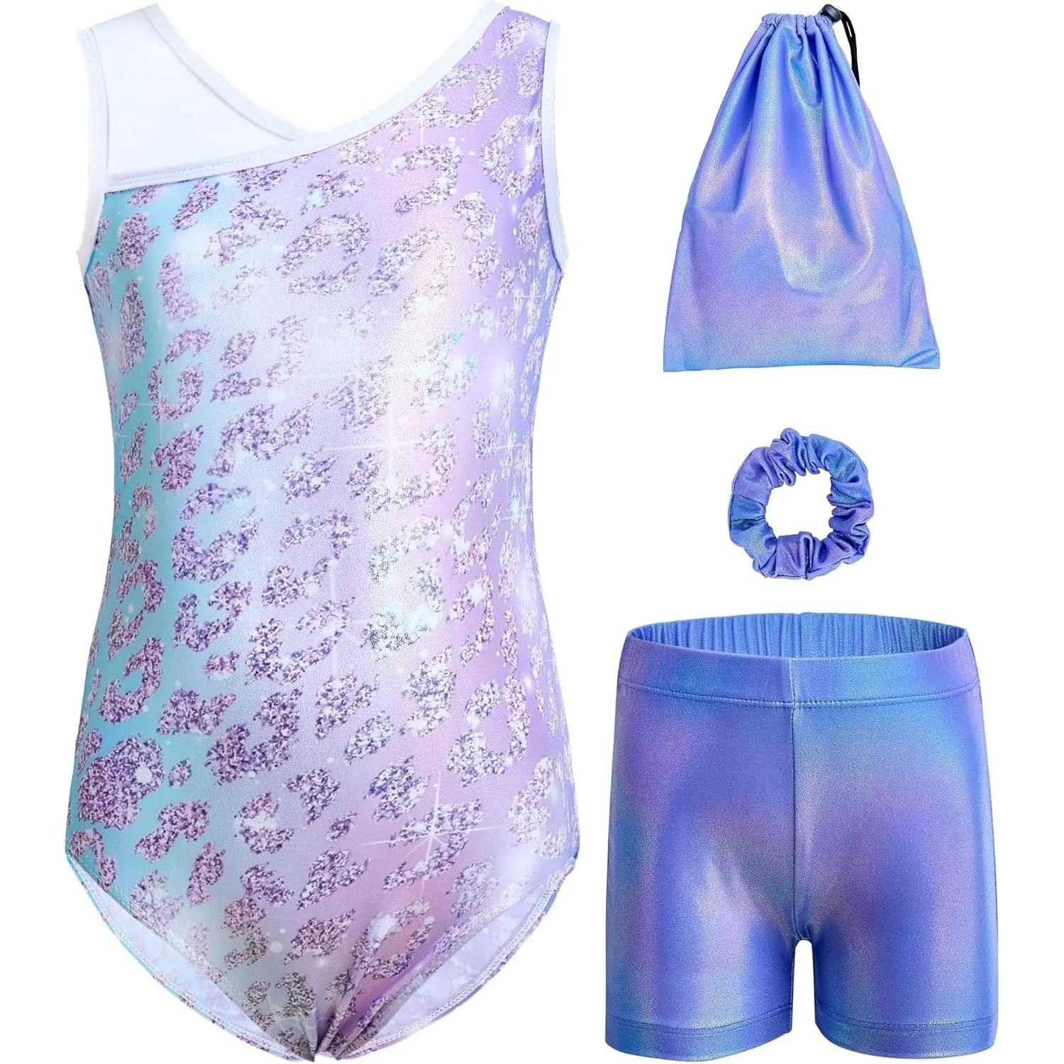 Girls' 4-Piece Gymnastics Leotard Set with Storage Bag, Scrunchie & Shorts for Toddlers/Kids 3-12 Years, Sportswear