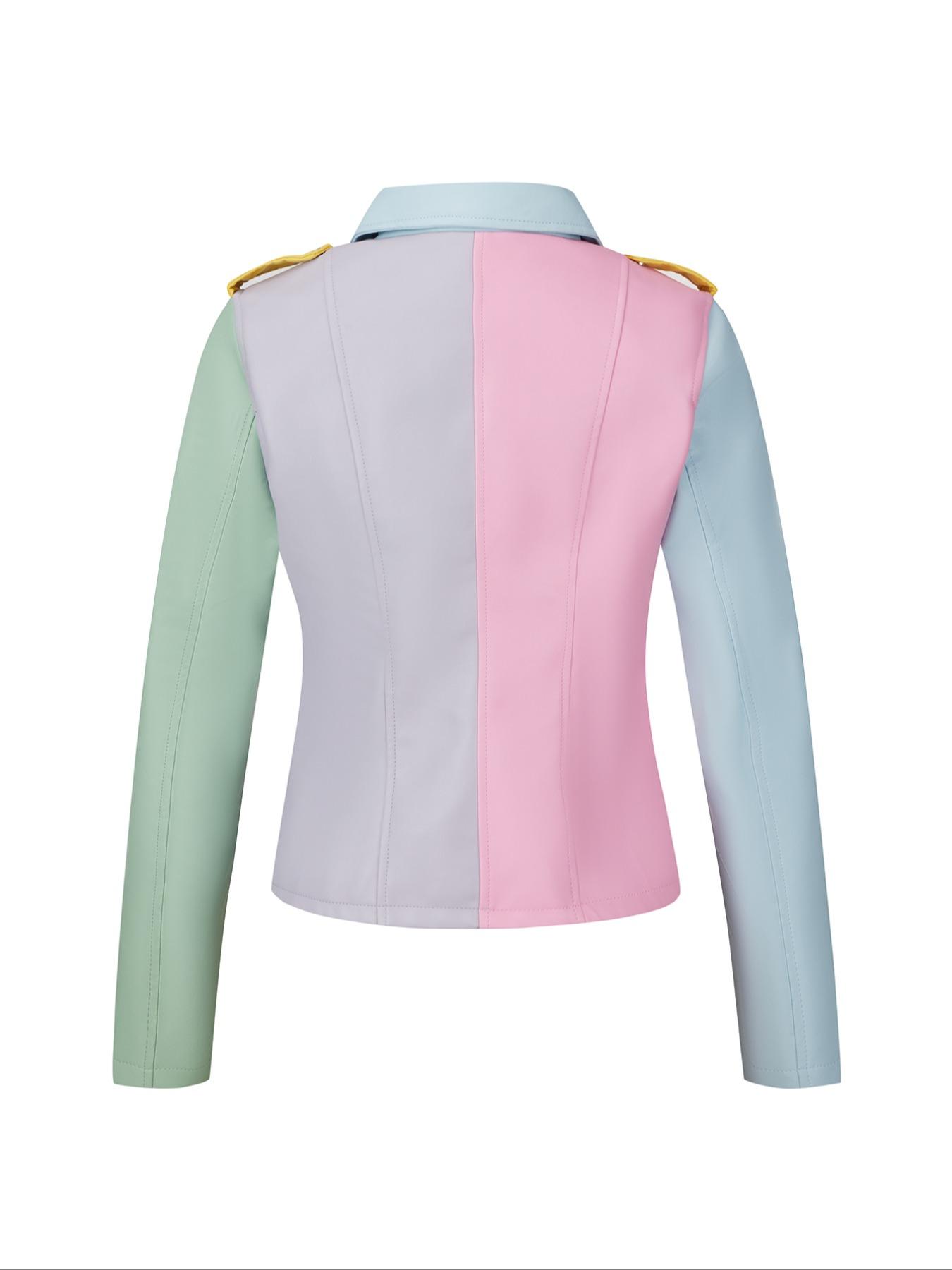 Women's Spring Four-Season Motorcycle Jacket, Fashionable Long Sleeve Lapel Zipper Waist Cinched Fitted Patchwork Short Coat with Pockets, Fall Winter Outerwear