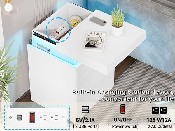 Sikaic 2PCS Nightstand with LED Lights Charging Station White Side Table Dresser Pedestal Tabletop Mode Lighted Vanity Desk