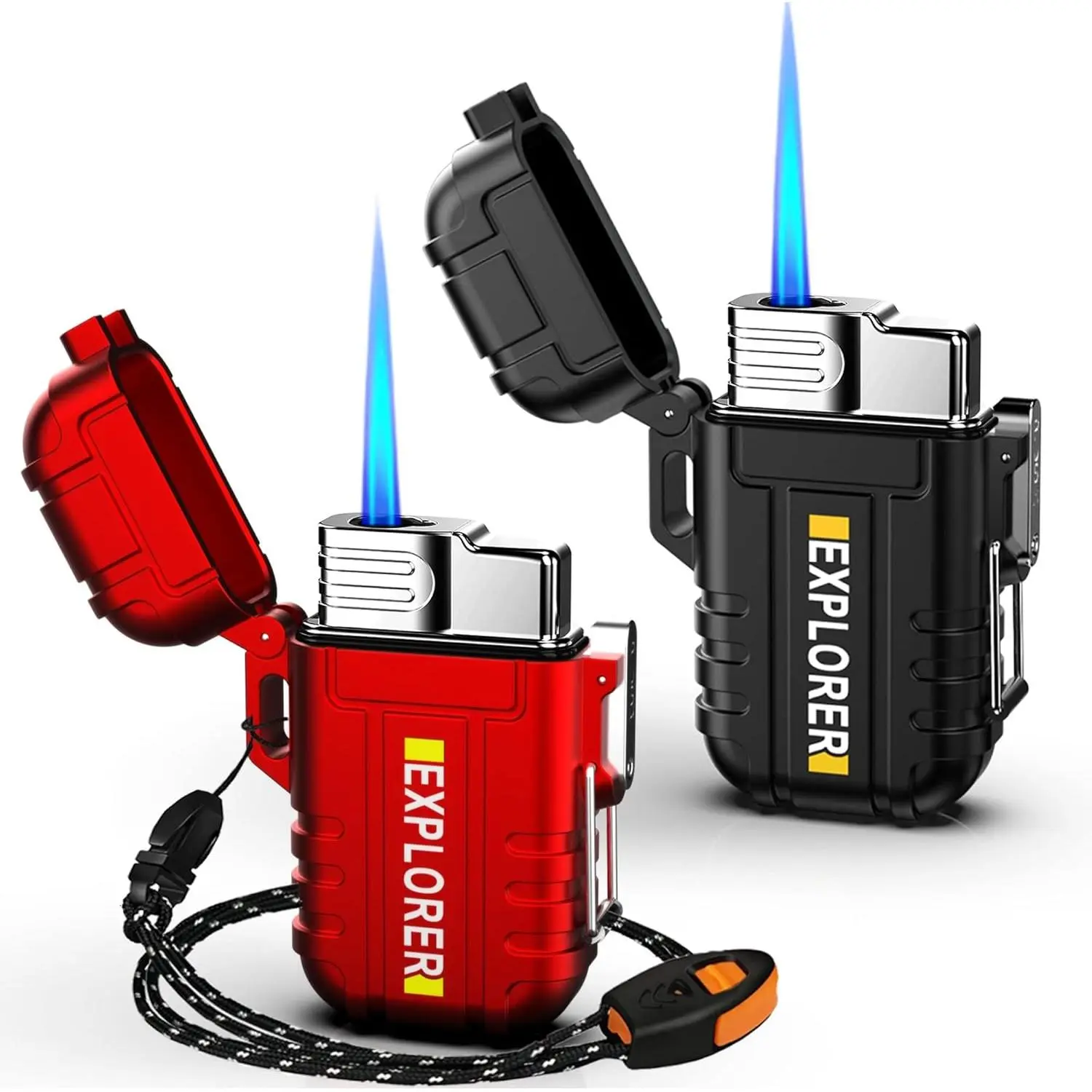 Waterproof Butane Lighter Refillable Windproof Jet Lighters for Fireplace Fireworks Grill Camping BBQ Lighter Gift for Man,2 Pack. (Black+Red)(Butane)