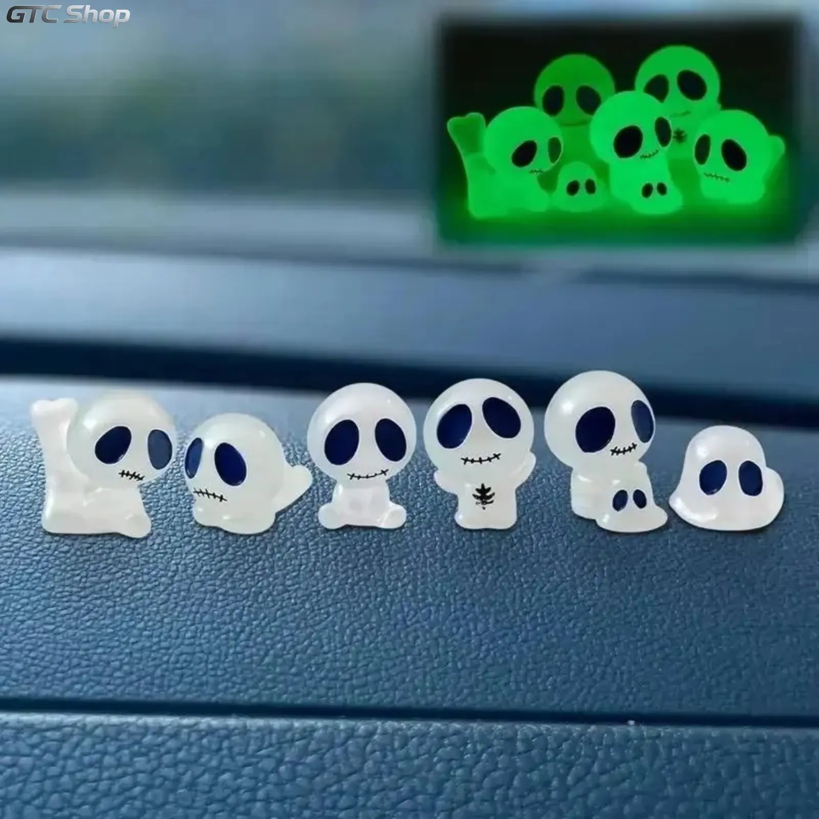 6 Pack Halloween Glow Skeleton Car Accessory Set, Whimsical Gothic Resin Decor, Dashboard Figurines & Rearview Mirror Hanging Ornaments, DIY Scene Props, TikTok Trending Spooky Holiday Gift for Women