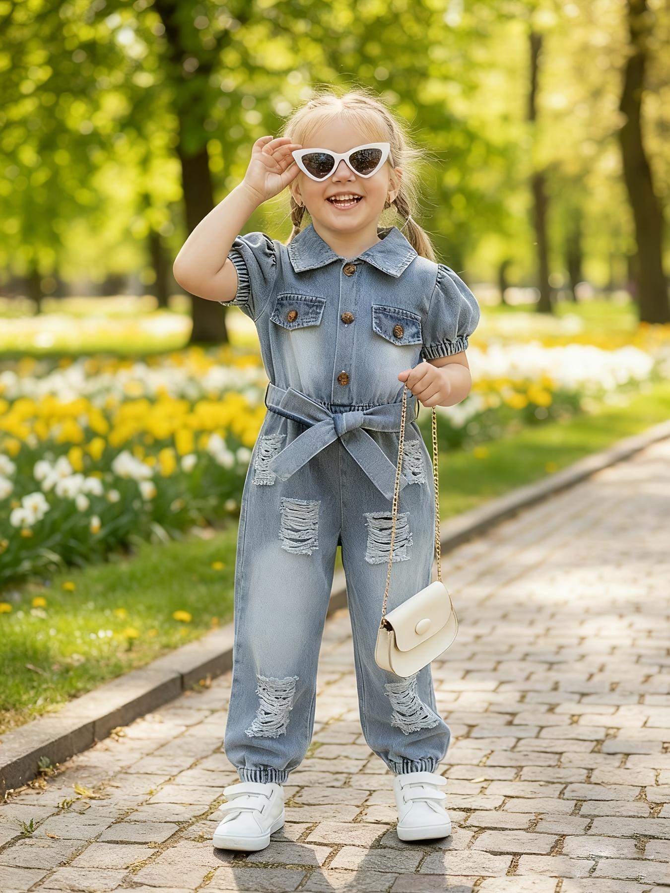 (New)2pcs Girls Faux Denim Jumpsuit With Belt |     Long Sleeve Romper Outfit Spring Summer Kids Casual Play Clothes, Solid Color, Puff Sleeve, Regular Fit, for Outdoor(Gift)11