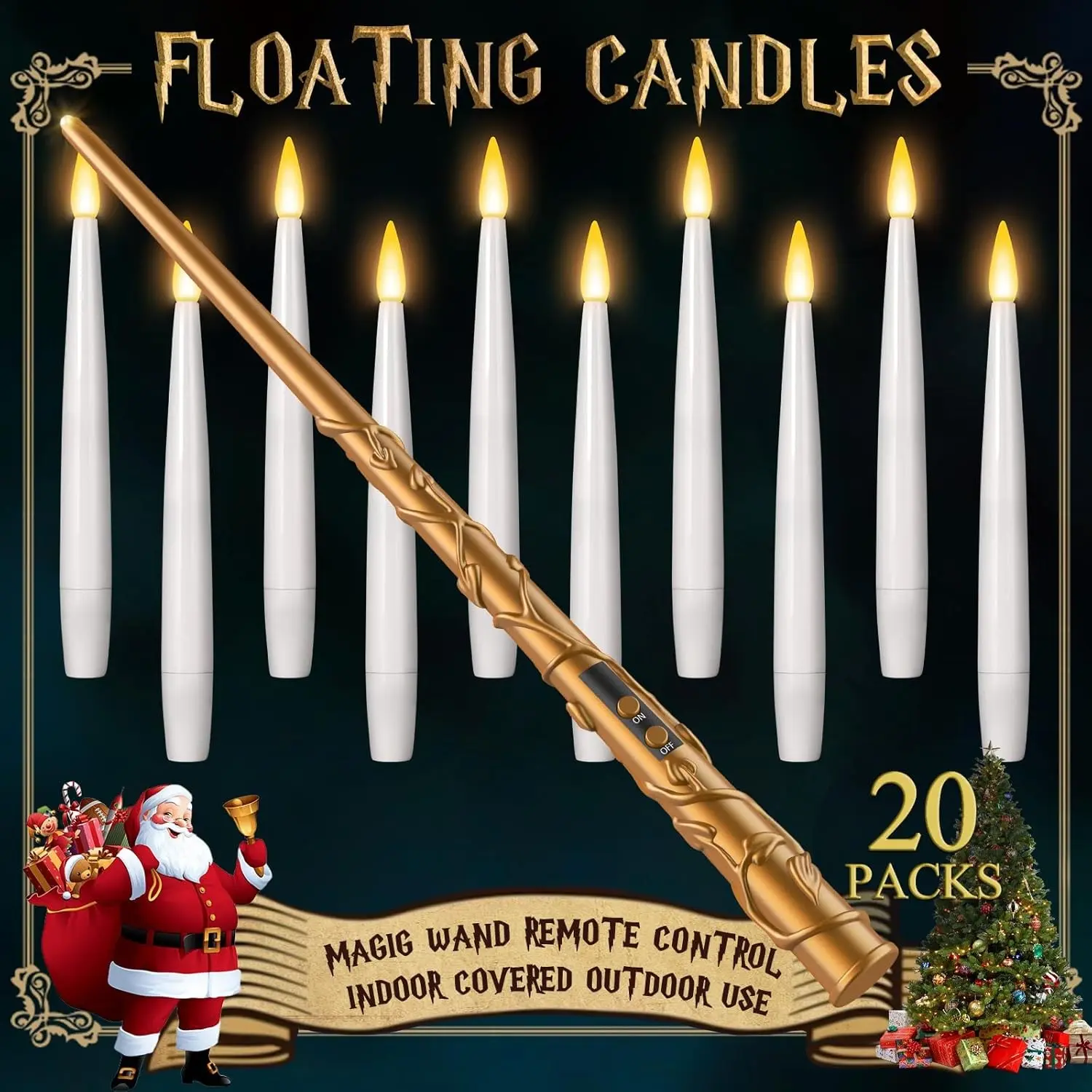 Floating Candles with Wand - Christmas Magic Hanging Flameless Candles Taper Candles with Remote for Halloween Window Home Bedroom Birthday Party Decorations (20 PCS White Candles + 1 Golden Wand)