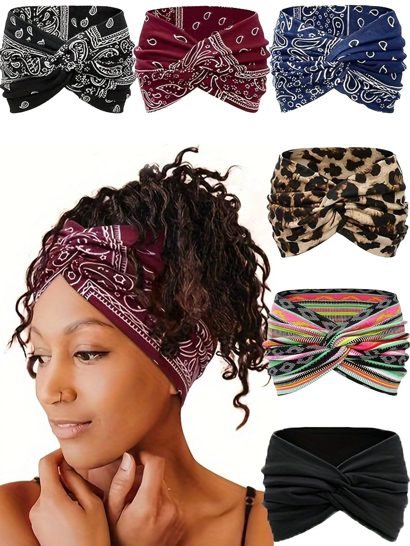 6Pcs Stylish crossover bohemian hair bands with diverse patterns like leopard and paisley prints. Elastic, comfortable, non-pinching, anti-slip wide-band—must-haves for outfits. Hair Styling Headband Zigzag Headband Boho