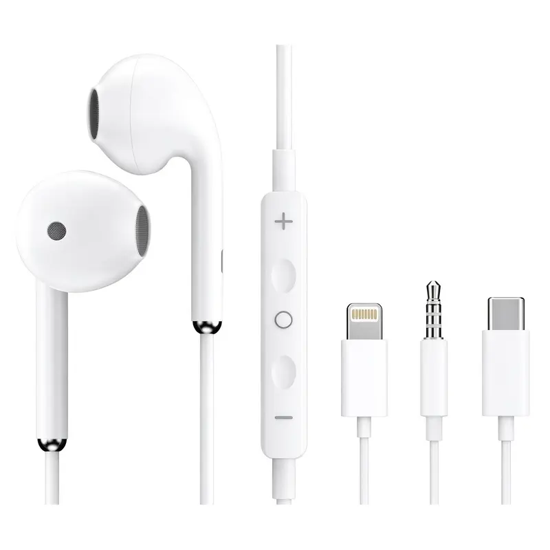 White semi-in-ear wired headphones with metal ear shells, 1.2m TPE braided cable, volume control, compatible with iPhone and Android, multi-interface support including 3.5mm, Type-C and Lightning, suitable for MP3, computers, gaming, sports, running and r