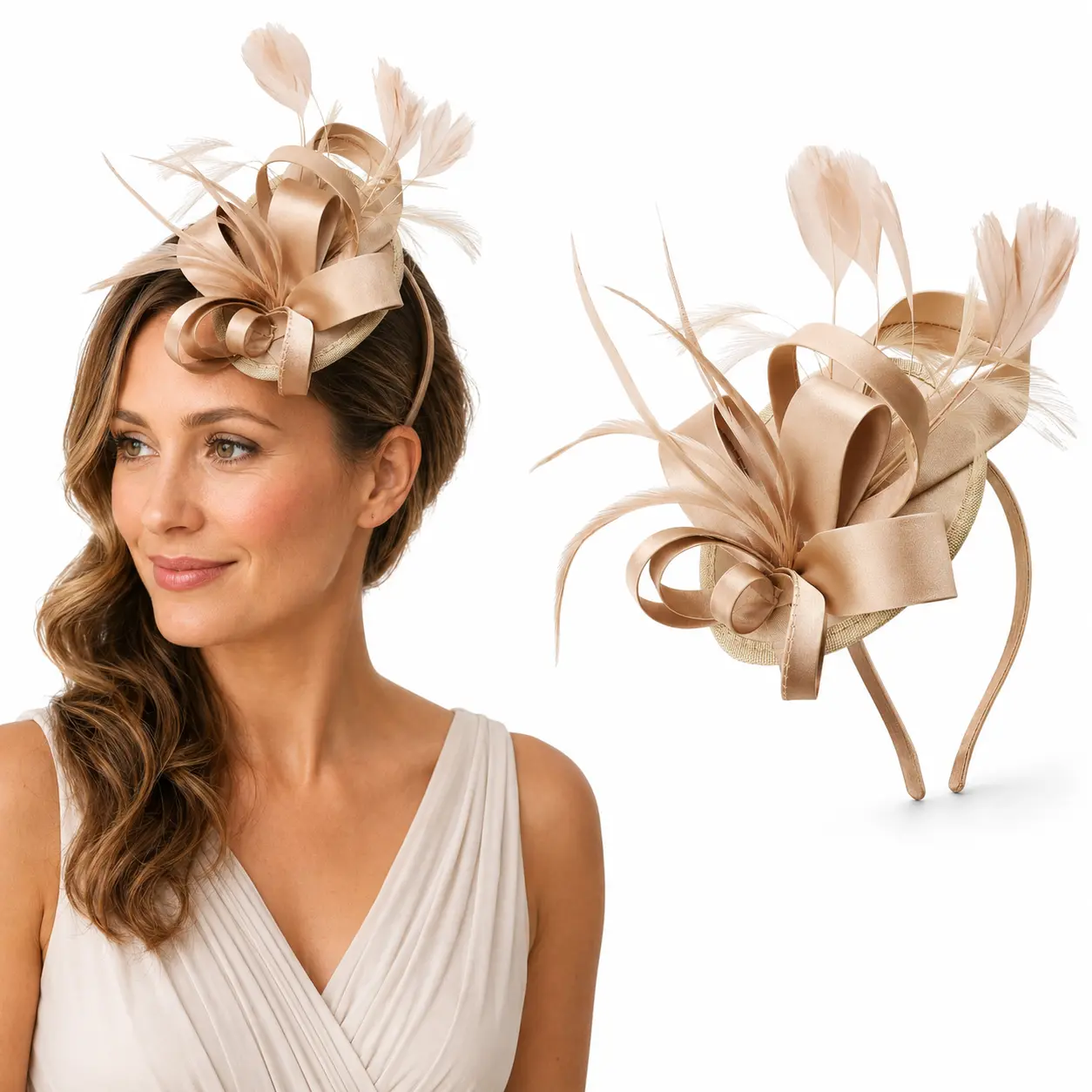 Elegant Feather Fascinator Hat for Women, Detachable 2-in-1 Satin Headpiece with Clip & Headband for Formal Weddings & Tea Parties, Wedding, Dual-Use