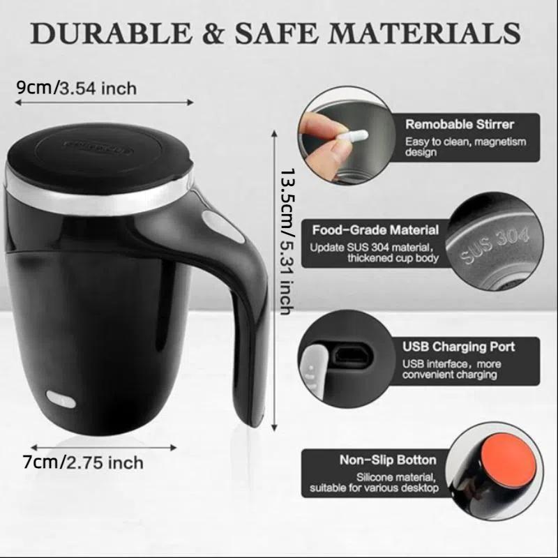 USB Rechargeable Automatic Stirring Mug Hands-Free Magnetic Stirring Travel Coffee Cup for Office and Car with Washable Stainless Steel Design