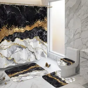 4pcs Black Gold Marble Shower Curtain Set, Luxury Abstract Ink Wave Print, Elegant Bathroom Decor, Modern Boho Chic, Halloween Glam, TikTok Shop Trend, Home Bathroom Makeover