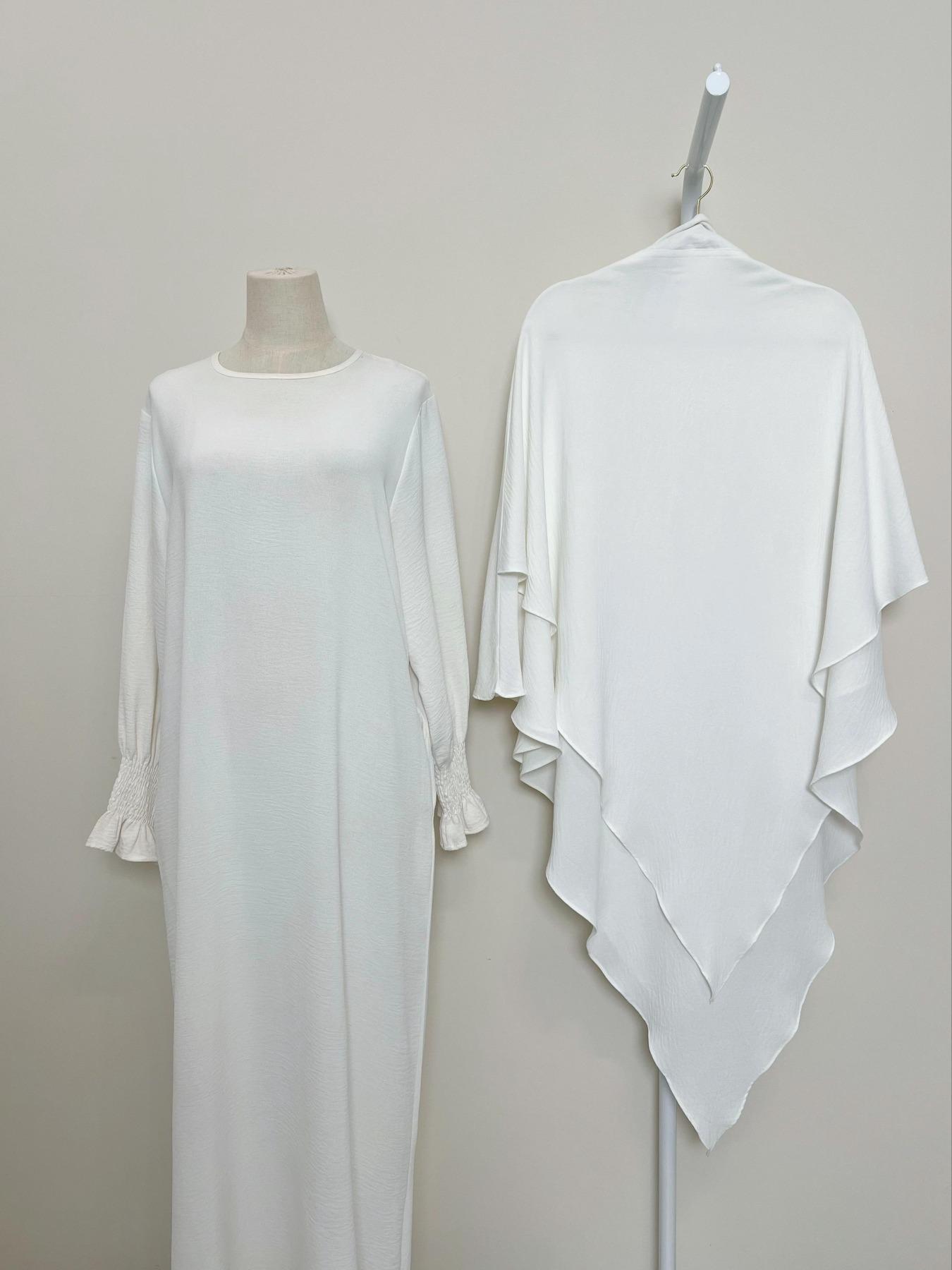 Women's 2-Piece Solid Color Long Sleeve Dress & Hijab Set, Modest Outfit for Daily Wear, Women's Islamic Clothing for All Seasons, Abaya Hijab Set