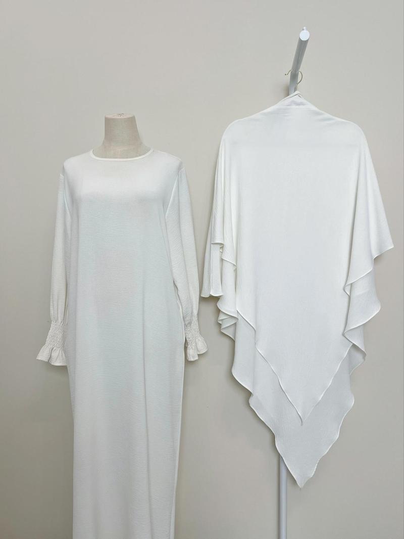 Women's 2-Piece Solid Color Long Sleeve Dress & Hijab Set, Modest Outfit for Daily Wear, Women's Islamic Clothing for All Seasons, Abaya Hijab Set