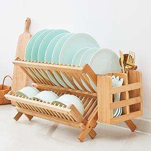 AGS Bamboo Dish Drying Rack, 2 Tier Collapsible Dish Rack with Utensil Holder, Wooden Dish Drying Rack for Kitchen Counter, Large Folding Drying Holder, Dish Drainer 34 pcs Grid