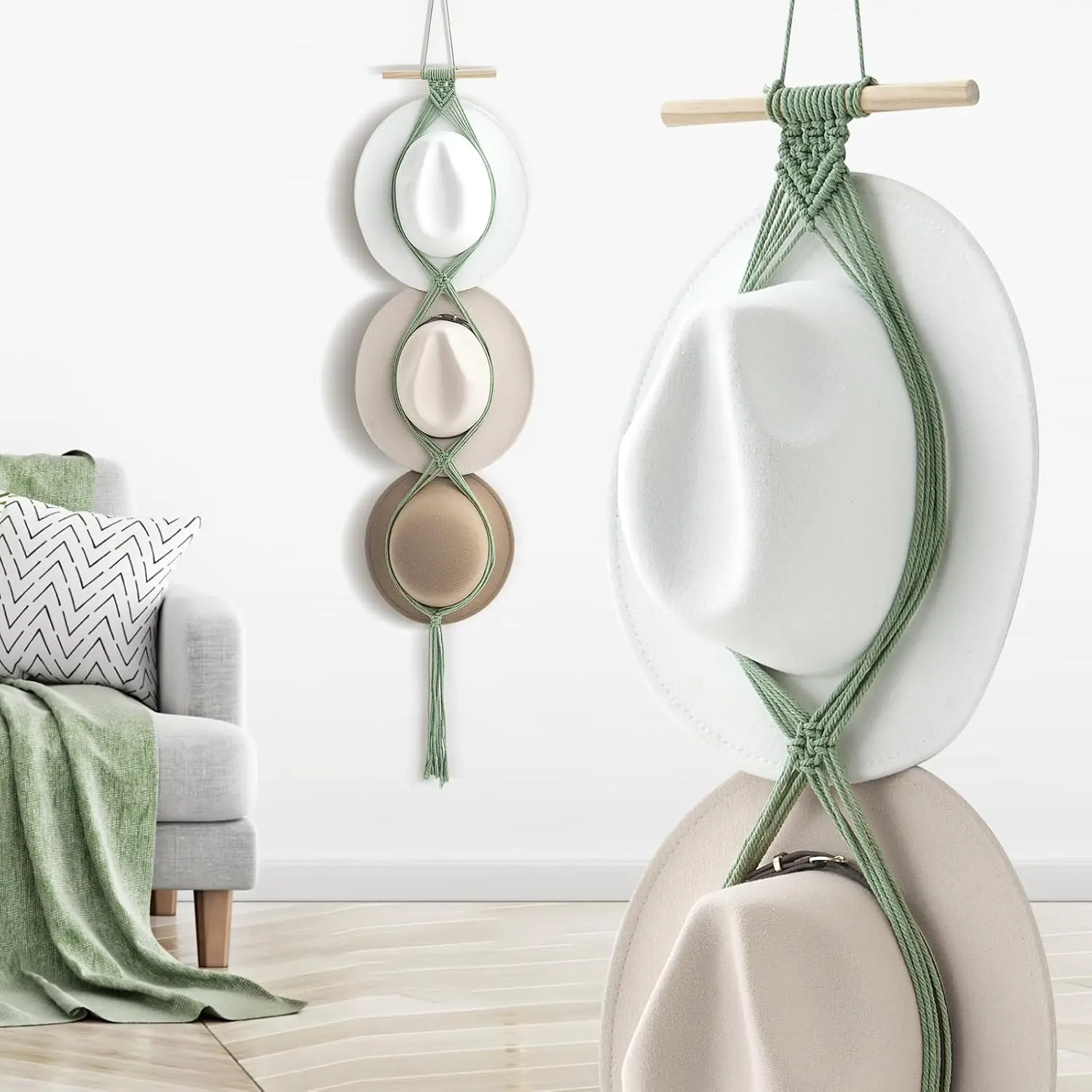 Macrame Hat Hangers Racks Boho Cowboy Hats Holders  Display Organizer Storage decor  of Door for Wall(Sage Green,Three Hats Style)